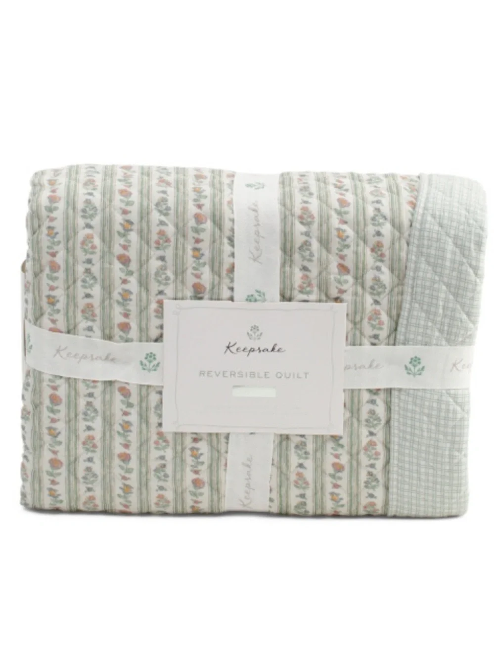 KEEPSAKE the Label Reversible Floral Stripe Quilt - Sage Green
